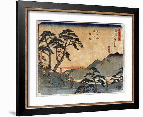 Travelers Standing around Rock at the Nissaka Station, Japanese Wood-Cut Print-Lantern Press-Framed Art Print