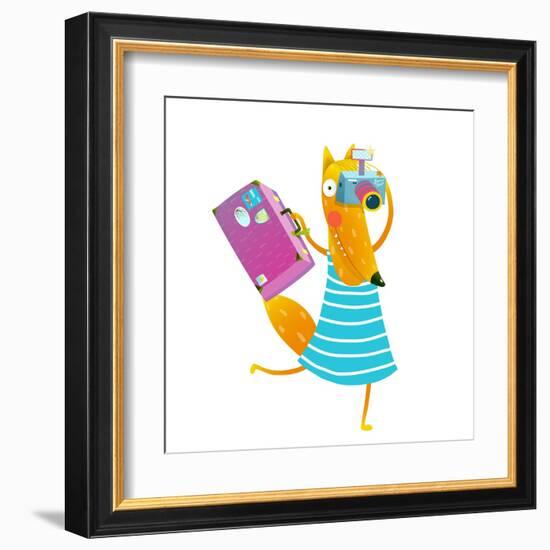 Traveling Fox Tourist with Suitcase and Camera. Funny Wildlife. Cartoon Characters for Children. Ve-Popmarleo-Framed Art Print