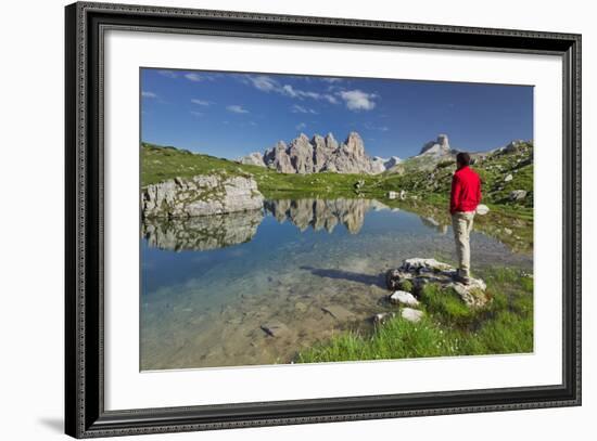 Traveller, Lake, Rautkofel, Schwalbenkofel, Langalm, South Tyrol, the Dolomites Mountains, Italy-Rainer Mirau-Framed Photographic Print