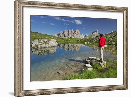 Traveller, Lake, Rautkofel, Schwalbenkofel, Langalm, South Tyrol, the Dolomites Mountains, Italy-Rainer Mirau-Framed Photographic Print