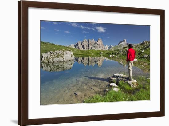 Traveller, Lake, Rautkofel, Schwalbenkofel, Langalm, South Tyrol, the Dolomites Mountains, Italy-Rainer Mirau-Framed Photographic Print