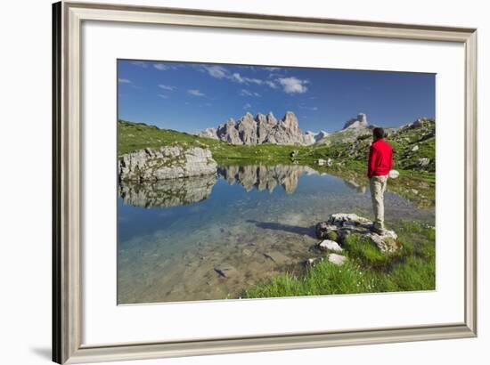 Traveller, Lake, Rautkofel, Schwalbenkofel, Langalm, South Tyrol, the Dolomites Mountains, Italy-Rainer Mirau-Framed Photographic Print