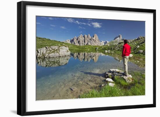 Traveller, Lake, Rautkofel, Schwalbenkofel, Langalm, South Tyrol, the Dolomites Mountains, Italy-Rainer Mirau-Framed Photographic Print