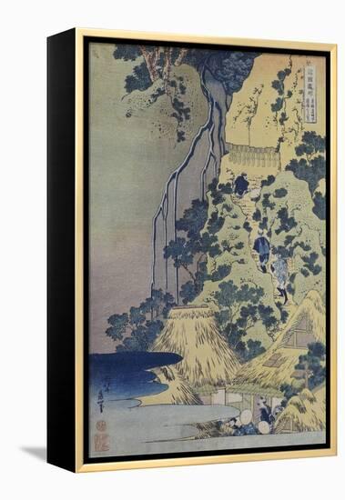 Travellers Climbing Up a Steep Hill to Pay Homage to a Kannon Shrine in a Cave by the Waterfall-Katsushika Hokusai-Framed Premier Image Canvas