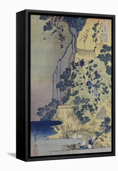 Travellers Climbing Up a Steep Hill to Pay Homage to a Kannon Shrine in a Cave by the Waterfall-Katsushika Hokusai-Framed Premier Image Canvas