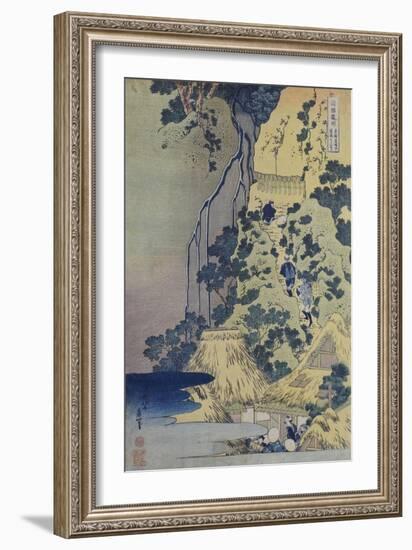 Travellers Climbing Up a Steep Hill to Pay Homage to a Kannon Shrine in a Cave by the Waterfall-Katsushika Hokusai-Framed Giclee Print