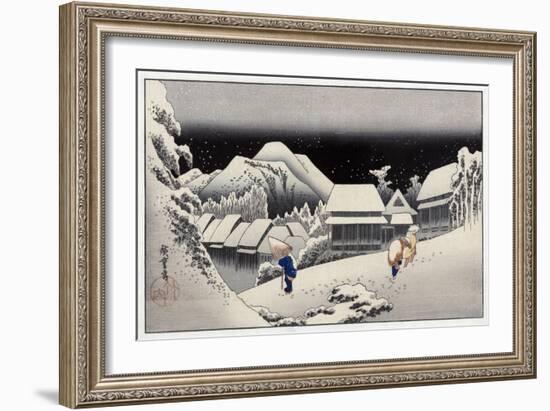 Travellers in the Snow at the Kanbara Station, Japanese Wood-Cut Print-Lantern Press-Framed Art Print