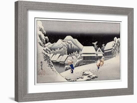 Travellers in the Snow at the Kanbara Station, Japanese Wood-Cut Print-Lantern Press-Framed Art Print