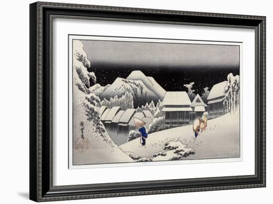 Travellers in the Snow at the Kanbara Station, Japanese Wood-Cut Print-Lantern Press-Framed Art Print