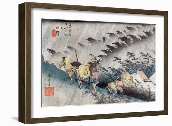 Travellers near the Shono Station on the Tokkaido Road, Japanese Wood-Cut Print-Lantern Press-Framed Art Print