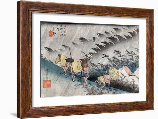 Travellers near the Shono Station on the Tokkaido Road, Japanese Wood-Cut Print-Lantern Press-Framed Art Print