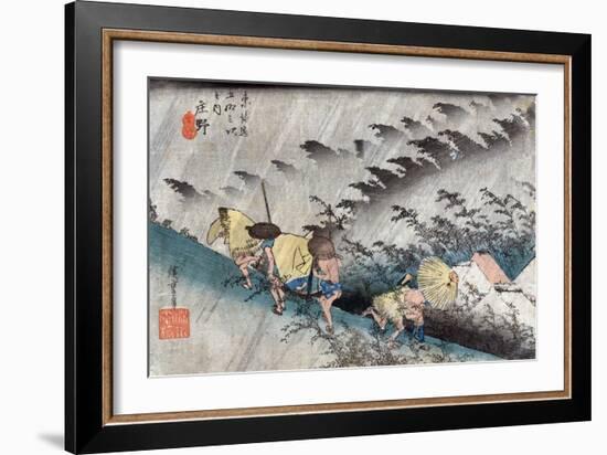 Travellers near the Shono Station on the Tokkaido Road, Japanese Wood-Cut Print-Lantern Press-Framed Art Print