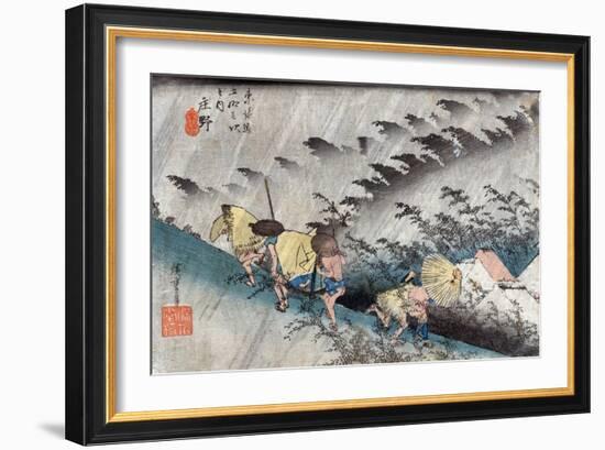 Travellers near the Shono Station on the Tokkaido Road, Japanese Wood-Cut Print-Lantern Press-Framed Art Print