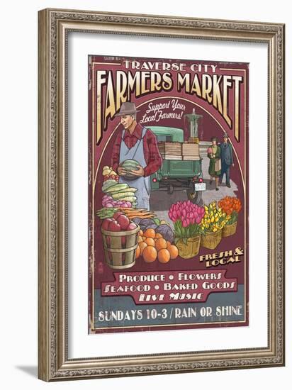 Traverse City, Michigan - Farmers Market Vintage Sign-Lantern Press-Framed Art Print