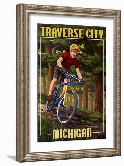 Traverse City, Michigan - Mountain Biker in Trees-Lantern Press-Framed Art Print