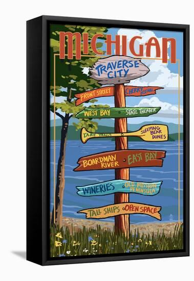 Traverse City, Michigan - Sign Destinations-Lantern Press-Framed Stretched Canvas