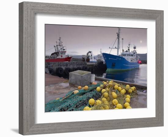 Trawler and Fishing Nets in Toftir Harbour, Toftir, Eysturoy-Patrick Dieudonne-Framed Photographic Print