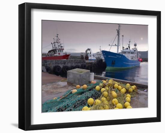 Trawler and Fishing Nets in Toftir Harbour, Toftir, Eysturoy-Patrick Dieudonne-Framed Photographic Print