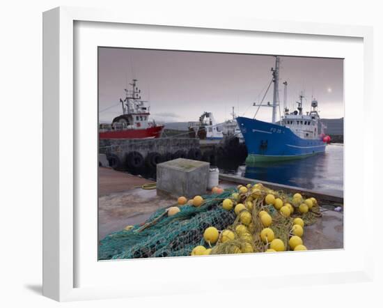 Trawler and Fishing Nets in Toftir Harbour, Toftir, Eysturoy-Patrick Dieudonne-Framed Photographic Print