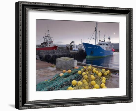 Trawler and Fishing Nets in Toftir Harbour, Toftir, Eysturoy-Patrick Dieudonne-Framed Photographic Print