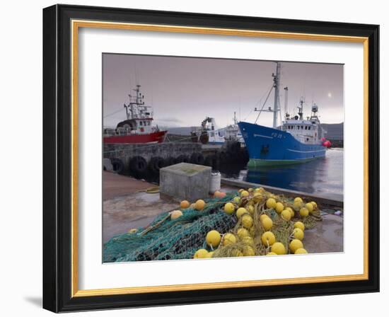 Trawler and Fishing Nets in Toftir Harbour, Toftir, Eysturoy-Patrick Dieudonne-Framed Photographic Print