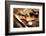 Treasure Hunting Setting, A Compass, Binoculars, Knife and a Old Key on a Old Wooden Desk-landio-Framed Photographic Print