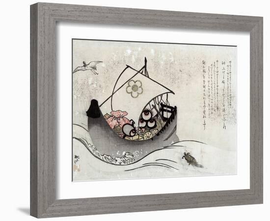 Treasure Ship with Crane and Tortoise, Japanese Wood-Cut Print-Lantern Press-Framed Art Print