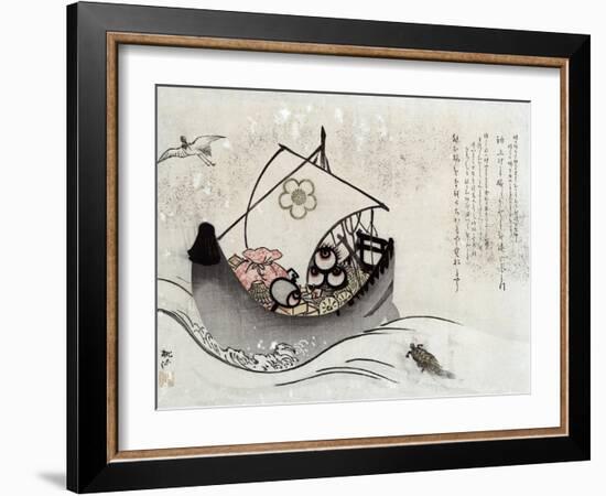 Treasure Ship with Crane and Tortoise, Japanese Wood-Cut Print-Lantern Press-Framed Art Print