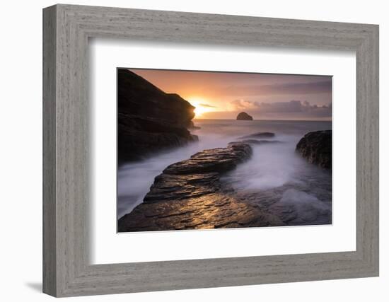 Trebarwith Strand at sunset and high water, Trebarwith, north Cornwall, UK-Ross Hoddinott-Framed Photographic Print