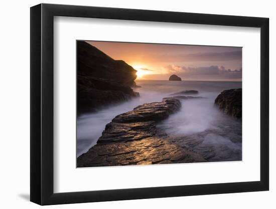 Trebarwith Strand at sunset and high water, Trebarwith, north Cornwall, UK-Ross Hoddinott-Framed Photographic Print