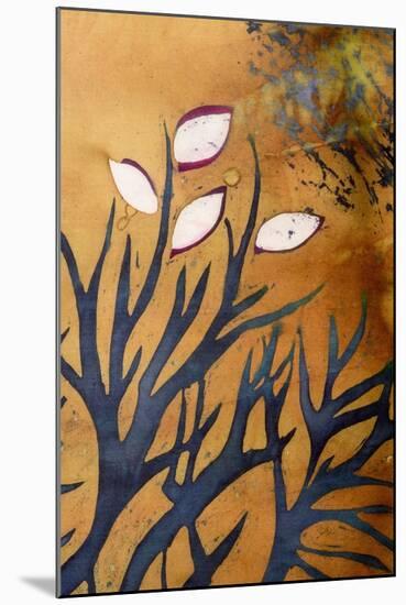 Tree Branches with Leaves on Gold Background, Hot Batik, Background Texture, Handmade on Silk, Abst-Sergey Kozienko-Mounted Art Print