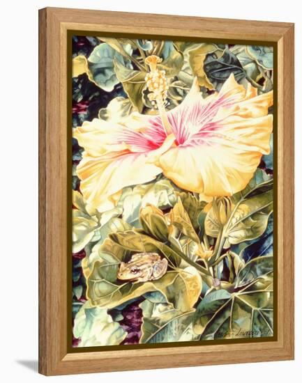Tree Frog and White, Yellow and Pink Hibiscus, 1989-Sandra Lawrence-Framed Premier Image Canvas