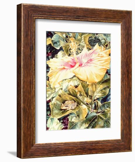 Tree Frog and White, Yellow and Pink Hibiscus, 1989-Sandra Lawrence-Framed Giclee Print