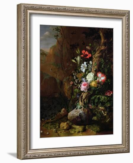 Tree Trunk Surrounded by Flowers, Butterflies and Animals, 1685-Rachel Ruysch-Framed Giclee Print