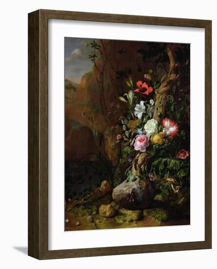 Tree Trunk Surrounded by Flowers, Butterflies and Animals, 1685-Rachel Ruysch-Framed Giclee Print