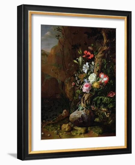 Tree Trunk Surrounded by Flowers, Butterflies and Animals, 1685-Rachel Ruysch-Framed Giclee Print