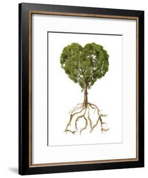 Tree with Foliage in the Shape of a Heart with Roots as Text Love-null-Framed Art Print