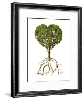Tree with Foliage in the Shape of a Heart with Roots as Text Love-null-Framed Art Print