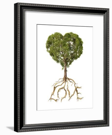 Tree with Foliage in the Shape of a Heart with Roots as Text Love-null-Framed Art Print