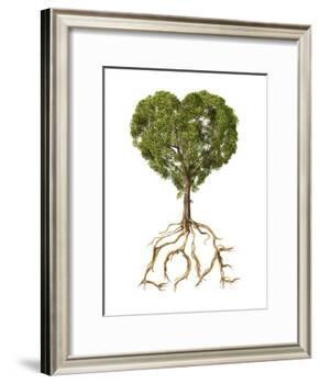 Tree with Foliage in the Shape of a Heart with Roots as Text Love-null-Framed Art Print