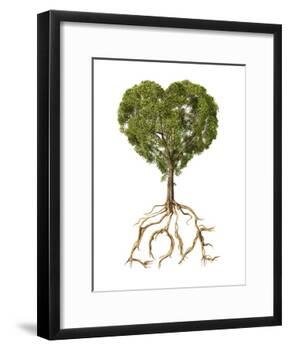 Tree with Foliage in the Shape of a Heart with Roots as Text Love-null-Framed Art Print