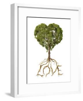 Tree with Foliage in the Shape of a Heart with Roots as Text Love-null-Framed Art Print