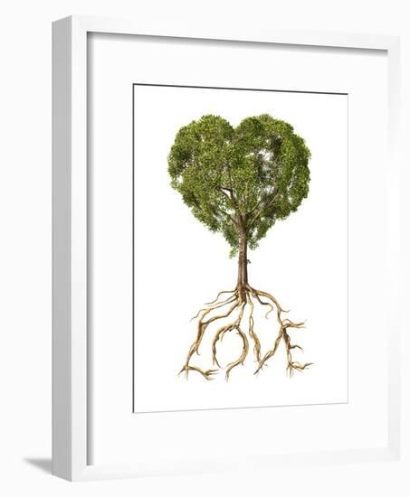 Tree with Foliage in the Shape of a Heart with Roots as Text Love-null-Framed Art Print