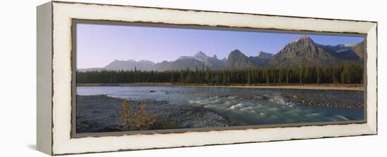 Trees Along a River with a Mountain Range in Back, Athabasca River, Jasper National Park, Alberta-null-Framed Premier Image Canvas