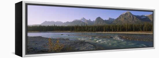 Trees Along a River with a Mountain Range in Back, Athabasca River, Jasper National Park, Alberta-null-Framed Premier Image Canvas