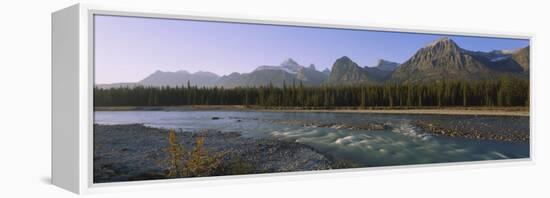 Trees Along a River with a Mountain Range in Back, Athabasca River, Jasper National Park, Alberta-null-Framed Premier Image Canvas