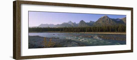 Trees Along a River with a Mountain Range in Back, Athabasca River, Jasper National Park, Alberta-null-Framed Photographic Print