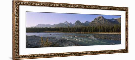 Trees Along a River with a Mountain Range in Back, Athabasca River, Jasper National Park, Alberta-null-Framed Photographic Print