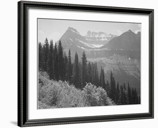 Trees And Bushes In Foreground Mountains In Bkgd "In Glacier National Park" Montana. 1933-1942-Ansel Adams-Framed Art Print