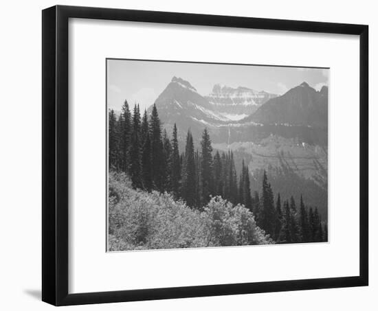 Trees And Bushes In Foreground Mountains In Bkgd "In Glacier National Park" Montana. 1933-1942-Ansel Adams-Framed Art Print